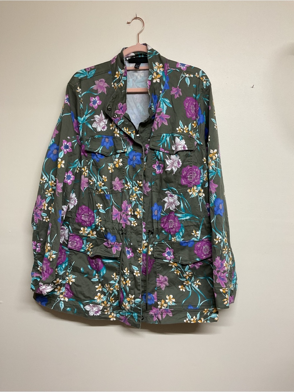 Lane Bryant Olive Green Floral Utility Jacket with Purple & Blue Blooms